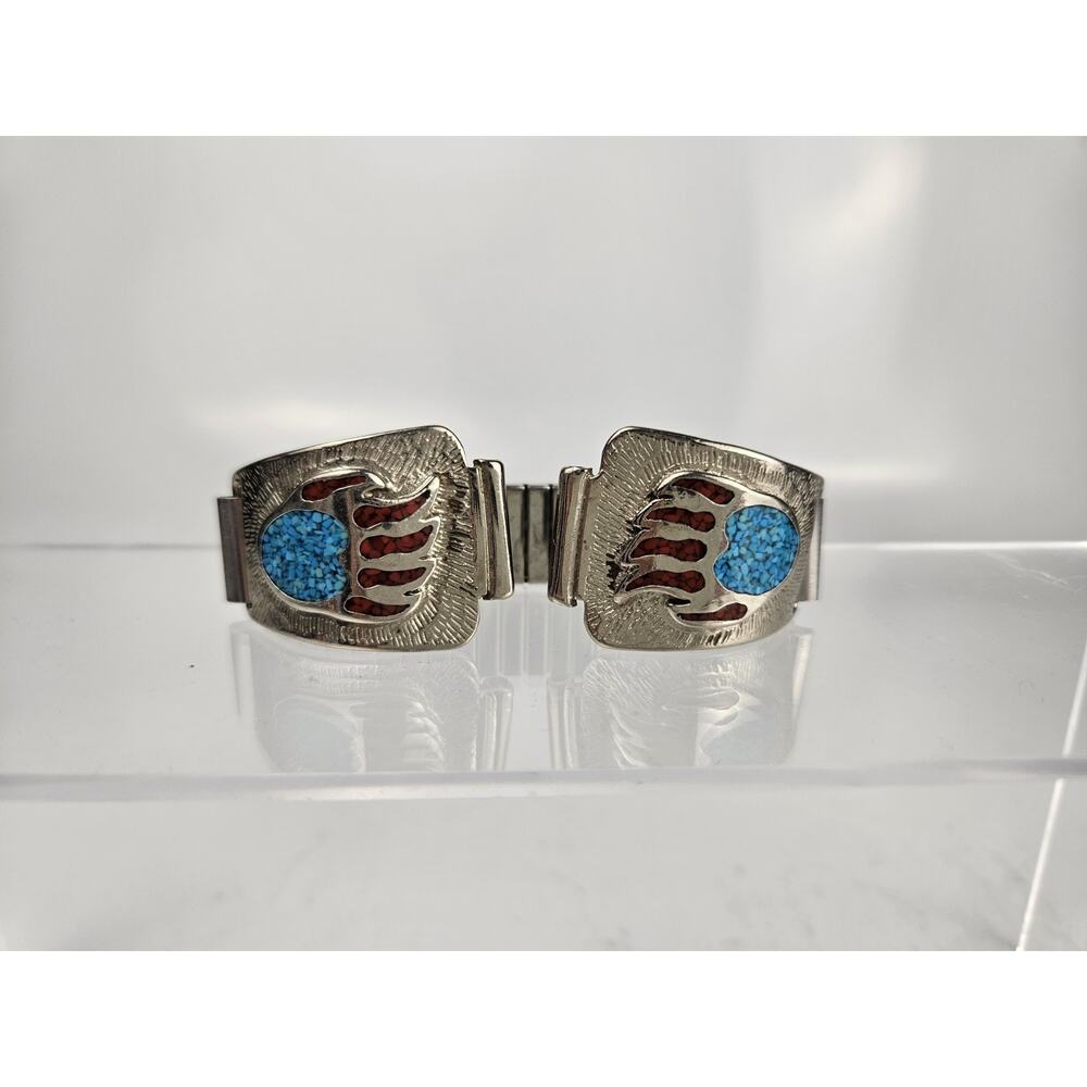 Vintage Native Sterling Watch‎ Band w/Bear Claw Turquoise & Coral